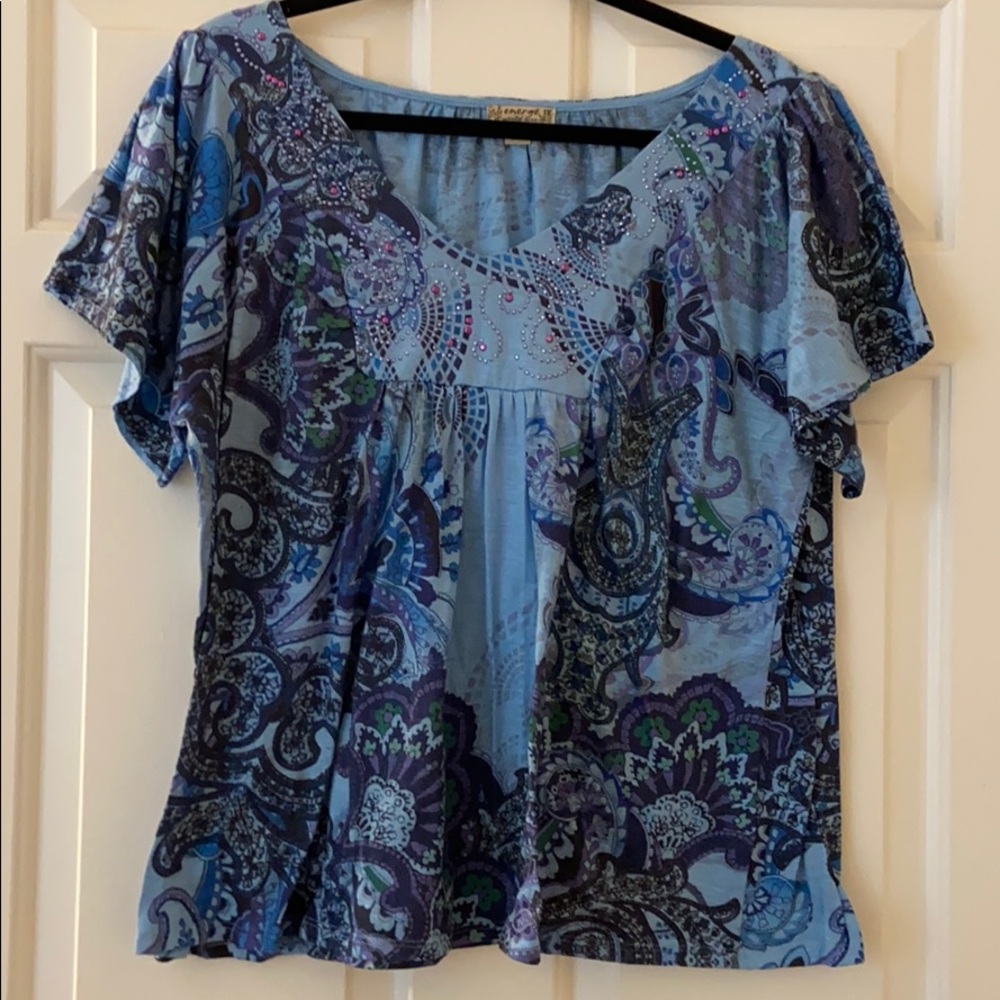 ENERGY WORLD WEAR blouse w/ studs rhinestones plue - Picture 2 of 6